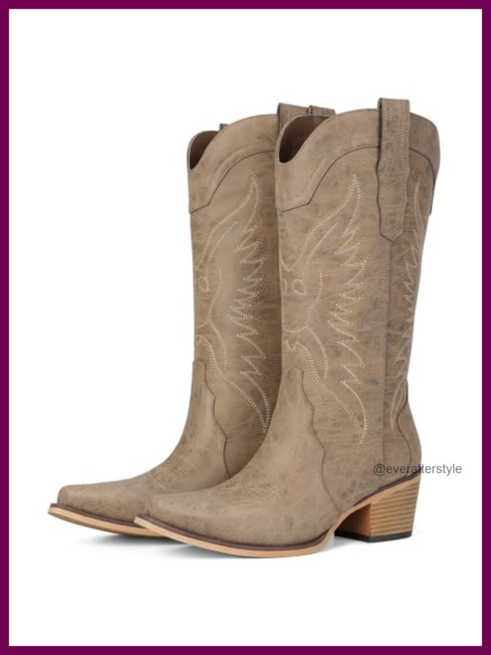 Western Cowboy Boots Faux Leather Snip Toe Mid Calf Chunky Heel